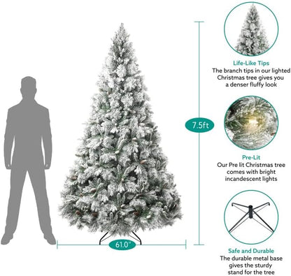 Naomi Home 7.5ft Snow Flocked Christmas Tree with Lights,Realistic Frosted Pine Prelit with Pine Cones, Foot Pedal 1556 Branch Tips, 750 Warm Lights & Metal Stand, Pre Lit Xmas Tree