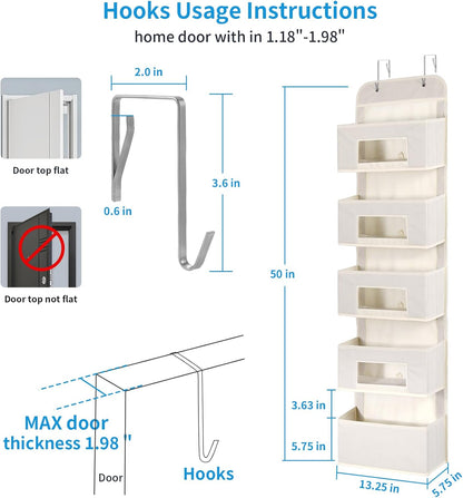 MAX Houser 5-Shelf Over The Door Hanging Organizer with 2 Metal Hooks, 5 Pocket Over The Door Wall Mount Storage with Clear Windows for Baby Nursery Bathroom Closet,Bedroom,Dorm,Diapers,Kids(Beige)
