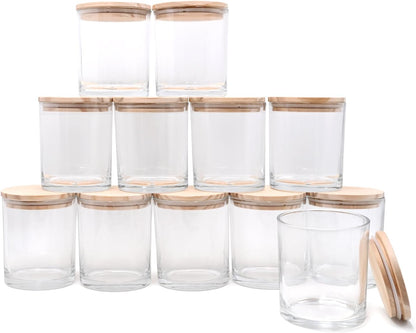 14 OZ Thick Candle Jars for Making Candles 12 Pcs, 3 Wick Empty Jars with Wood Lids for Candle Making, Sample Container,Clear