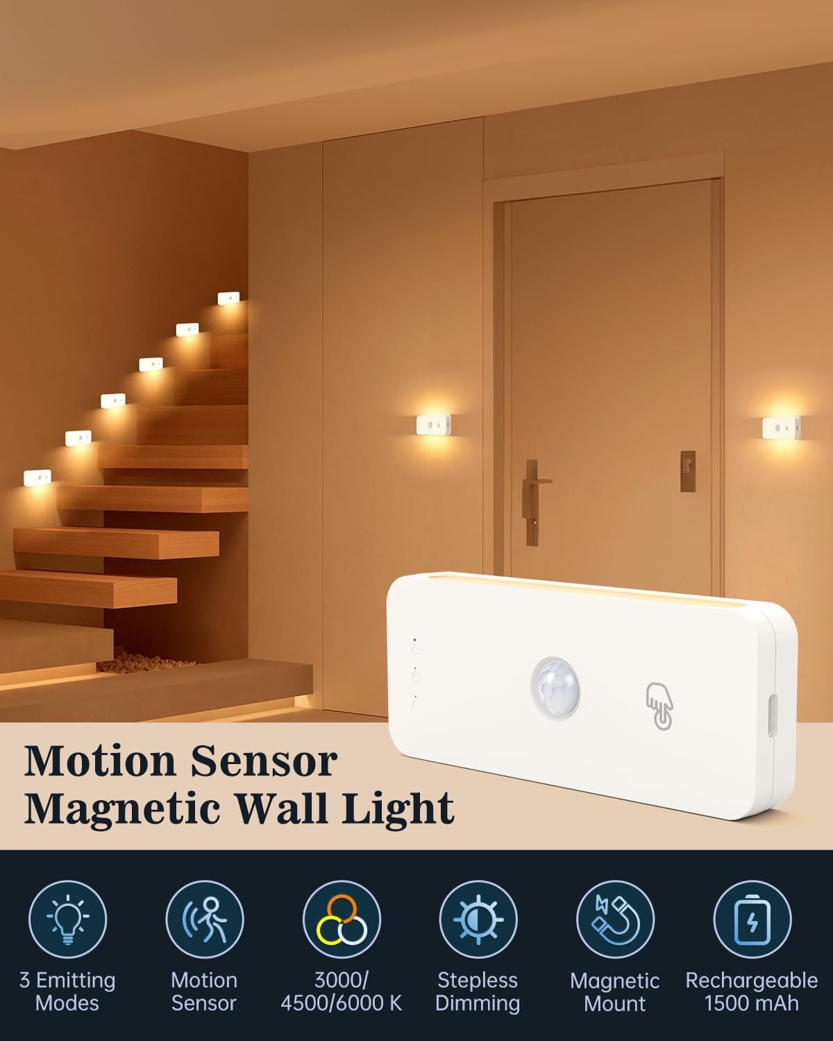 Yiliaw Motion Sensor Night Lights Indoor - Rechargeable Stick-On Stair Lights with Wireless Magnetic Mount, Adjustable Brightness & 3 Color Temps for Hallway, Stairway, Bathroom, Closet (6-Pack)