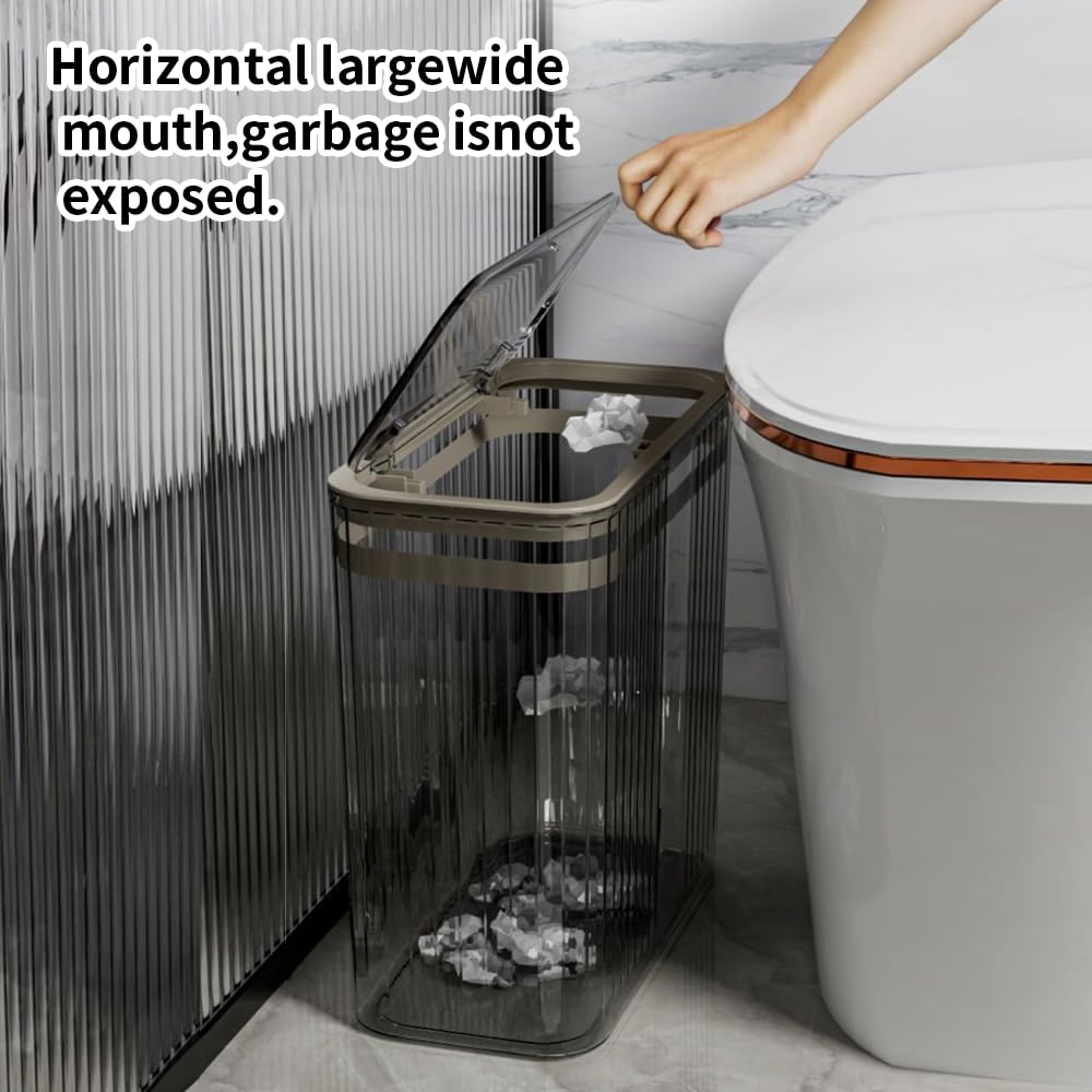 Transparent Trash Can, Bathroom Trash Cans with Lids, 3.5 Gallon Garbage Can for Bedroom, Office, Plastic Slim Waste Basket with Press Top Lid, 15L Clear Trash Bin for Home, Kitchen (Gray)