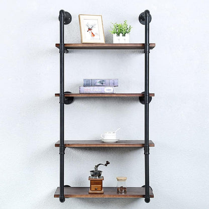 Industrial Pipe Shelving Wall Mounted,24in Rustic Metal Floating Shelves,Steampunk Real Wood Book Shelves,Wall Shelf Unit Bookshelf Hanging Wall Shelves,Farmhouse Kitchen Bar Shelving(4 Tier)