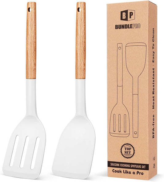 Pack of 2 Silicone Cooking Spatula, Heat Resistant Solid Turner, Non Stick Slotted Spatulas with Wooden Handle,Ideal Wood Kitchen Utensils Set for Frying, Baking, Flipping, Turning (WHITE)