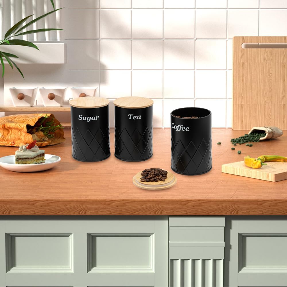 Black Canister Sets for Kitchen Counter,Tea coffee canisters,sugar container,3 Canisters,900ML/30.43OZ