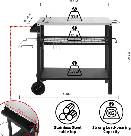 Grill Cart Table with Three Shelf, Movable Outdoor Dining Cart Pizza Oven Stand with Three Hooks, Kitchen Cart Island Multifunction Food Prep Table (Sliver)