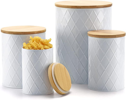 White Kitchen Canisters Set with Bamboo Lids, Airtight Sugar, Flour, Coffee, Cookie Storage Canister Sets for kitchen Countertop, Farmhouse kitchen decor, 4 Pack
