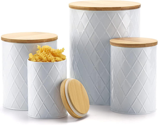 White Kitchen Canisters Set with Bamboo Lids, Airtight Sugar, Flour, Coffee, Cookie Storage Canister Sets for kitchen Countertop, Farmhouse kitchen decor, 4 Pack