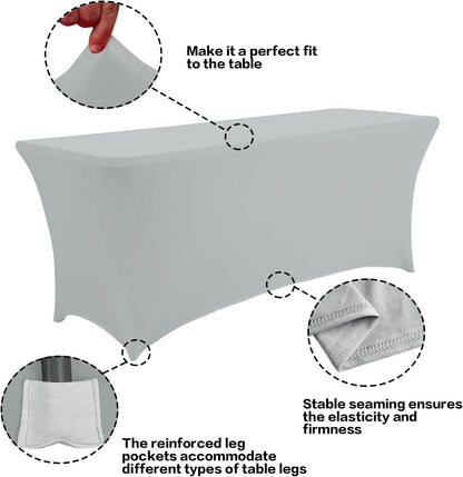 IVAPUPU 8FT Table Cloth for Rectangular Fitted Events Stretch Grey Table Covers Washable Cover Spandex Tablecloth Protector for Party, Wedding, Cocktail, Banquet, Festival