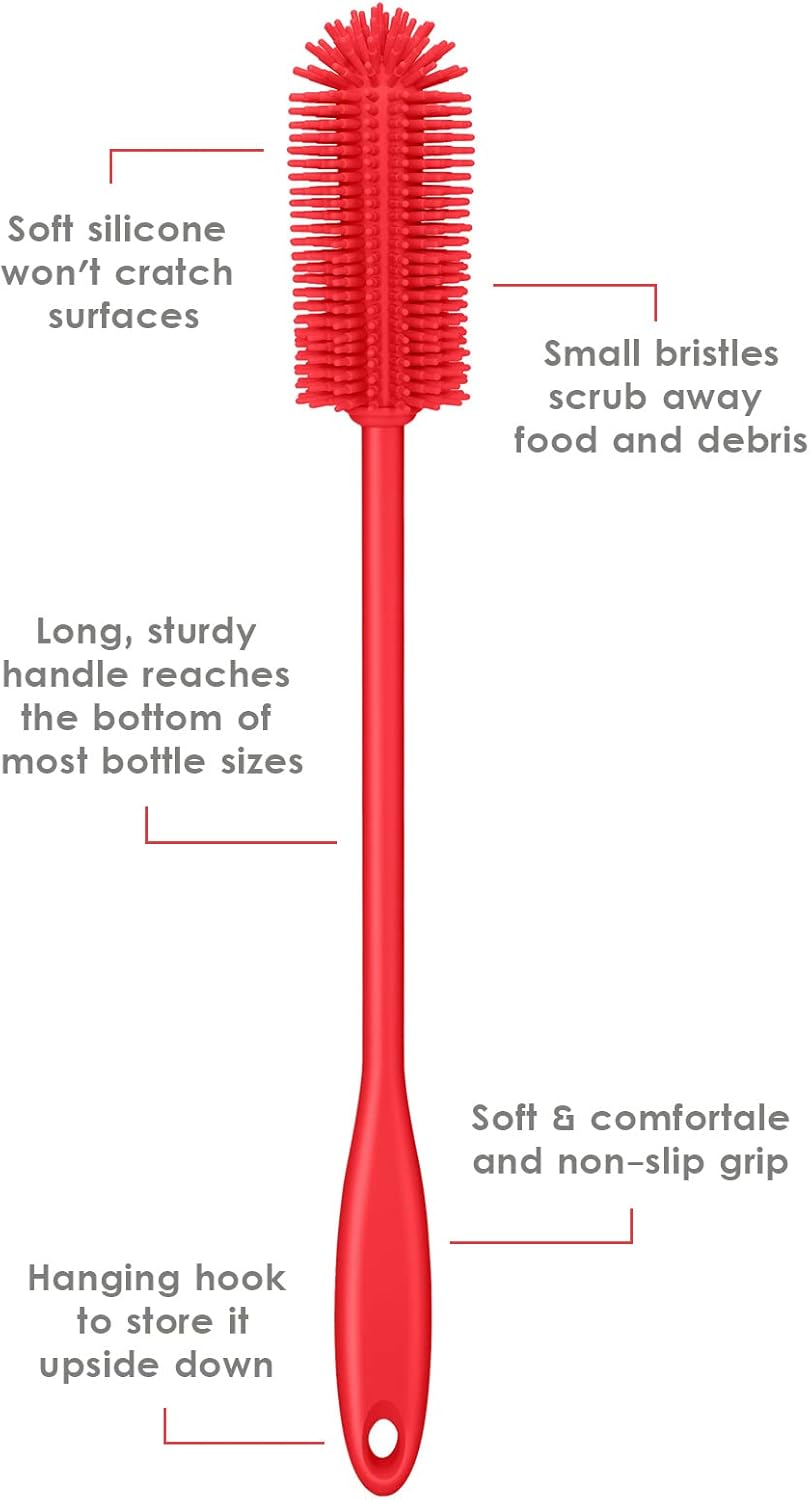 Silicone Bottle Brush, Water Bottle Cleaner Brush with Long Handle, Perfect for Cleaning Narrow Neck Containers, Vacuum Sports Bottle, Tumblers, Flask, Glassware (1 Pack, Red)