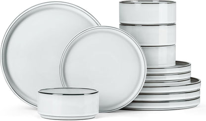 Onader Stoneware Dinnerware Sets, 12 Piece Plates and Bowls Dish Sets for 4, Ceramic Dishware Dining Ware with Rustic Terracotta Bottom - Glacier White