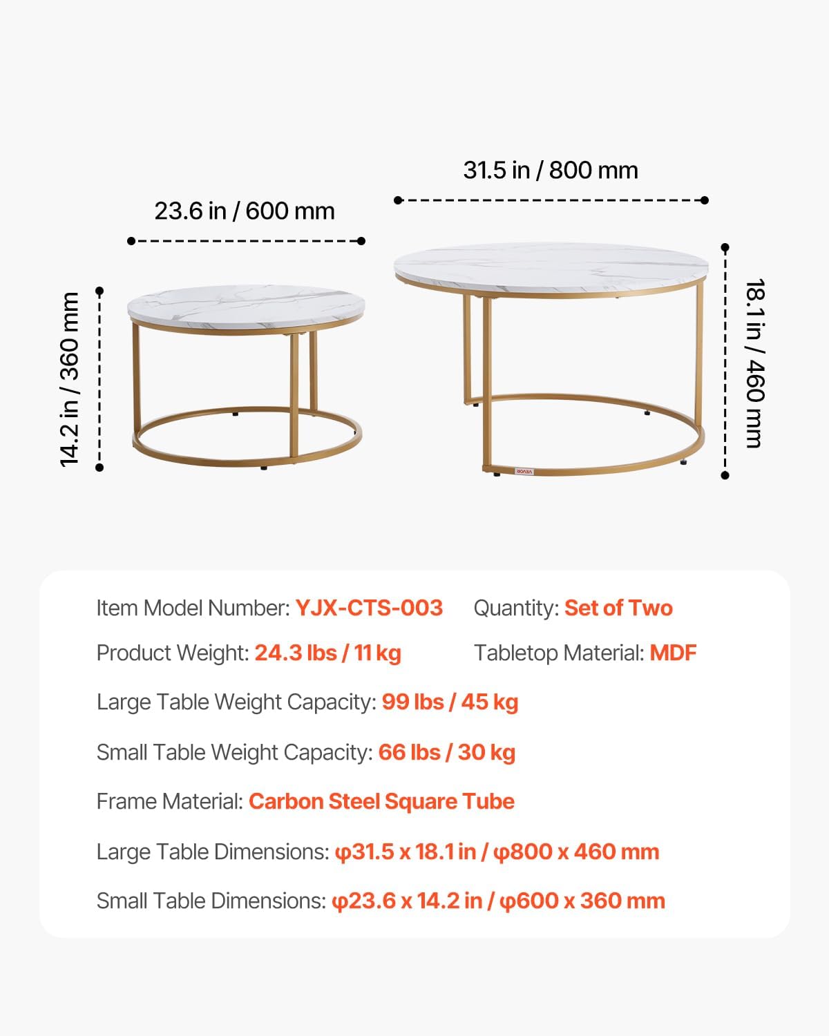 VEVOR Nesting Tables, Coffee Table Set of 2, 31.5 inch Round Coffee Table, Small Coffee Tables Night Stand with Metal Frame, for Living Room, Bedroom, Office (White & Gold)