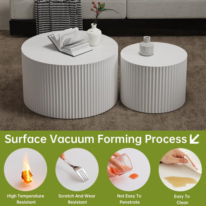 Round Nesting Coffee Table Set of 2 Small Round Coffee Tables for Living Room Modern Fluted Coffee Table Circular End Table Side Table for Small Spaces No Assembly (White B, 27 in)