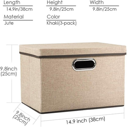 PRANDOM Collapsible Storage Cubes with Lids [3-Pack] Jute Fabric Foldable Storage Boxes Organizer Containers Baskets Bins with Cover for Home Bedroom Closet Office Nursery (14.9x9.8x9.8)