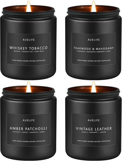 Scented Candles Set | Gifts for Men - 4Pack Masculine Candle, Soy Candles for Home Scented, Aromatherapy Gift for Dad Fathers Day, Home Fragrance of Whiskey Tobacco/Mahogany/Amber Patchouli/Leather