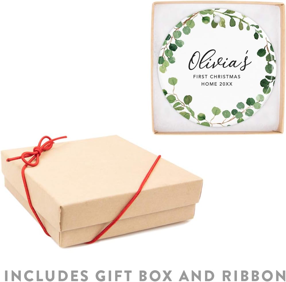 Andaz Press Personalized Round Ceramic Porcelain Christmas Tree Ornament Keepsake Collectible New Baby Gift, Olivia's First Christmas Home 2025, Farmhouse Eucalyptus Wreath, 1-Packs