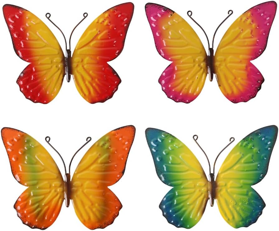 Metal Butterfly Wall Decor Art, 4 Pack Colorful Metal Butterflies Outdoor Wall Art, Hand Painted Outdoor Wall Decor for Garden, Yard, Fence, Patio, Living Room, Bedroom Decoration