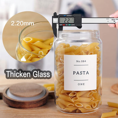 6 Set Glass Pantry Storage Jars with Acacia Airtight Lid - 23oz Thicken Glass Kitchen Canisters with 132 Pantry Labels - Clear Glass Food Storage Containers with Wood Lid for Tea,Sugar,Cookie,Coffee