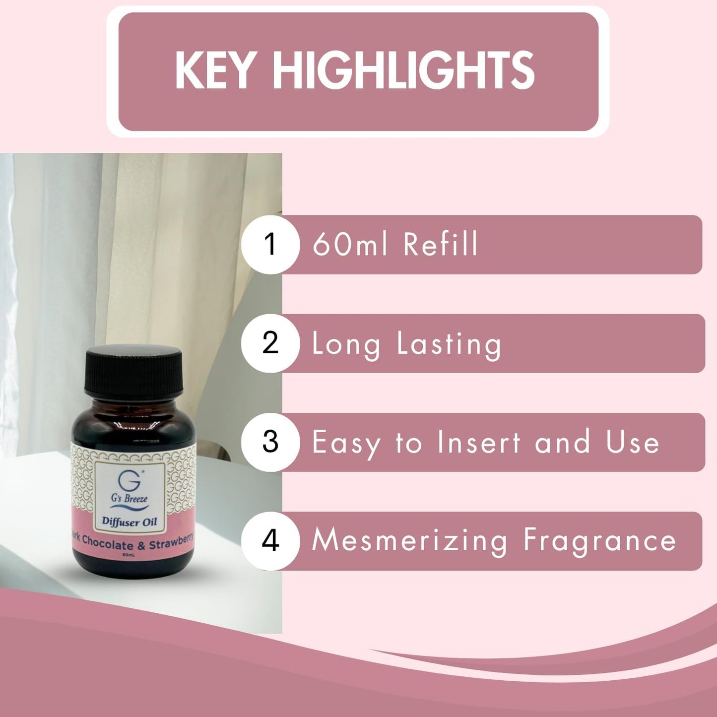 G's Breeze Dark Chocolate & Strawberry Diffuser Oil Refill - Gentle Fragrance & Soothing Aroma of Velvety Dark Chocolate with Juicy Strawberry - Long-Lasting - Ideal for Home, or Office - 60 ML