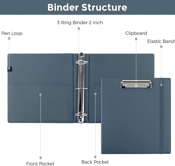 SKYDUE 3 Ring Binder with Clipboard, 2 Inch Heavy Duty Binder, PU Clipboard Binder with Notepad & 5 Dividers with 10 Pockets, Labels, Clipboard Folder Great for School Office(Fit Letter Sized Paper)