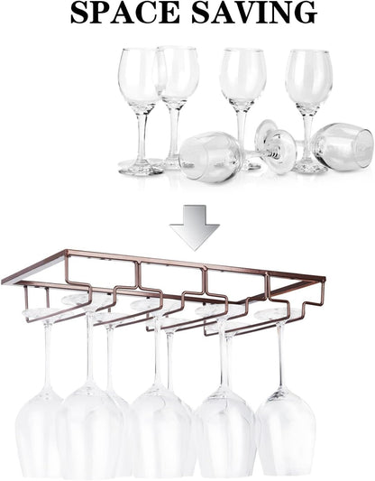 Wine Glass Rack Under Cabinet - Stemware Holder Metal Wine Glass Organizer Glasses Storage Hanger for Bar Kitchen Brown 4 Rows