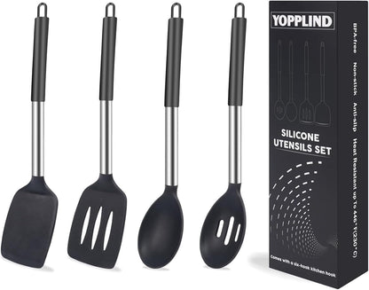 Silicone Kitchen Cooking Utensils Set 5-Piece BPA-Free Heat-Resistant Non-Stick & Dishwasher-Safe, with Slotted/Solid Spoons & Spatulas for Frying,Draining – Includes Multi-Purpose Serving Hook(Black)
