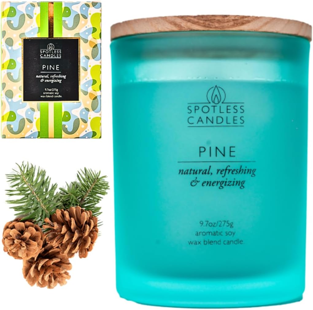 Pine Candle - 9.7 oz /275g 45-55 Hours Burn Time in Green Frosted Glass Jar with Wooden Lid and Wooden Crackling Wick in Luxurious Gift Box - Natural, Refreshing and Energising