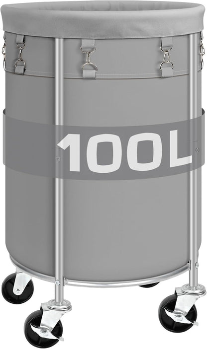 Laundry Hamper with Wheels, 100L Round Rolling Laundry Basket Sorter with Removable Bag, Clothes Cart Organizer with Steel Frame for Bedroom, Bathroom, Laundry Room, Grey