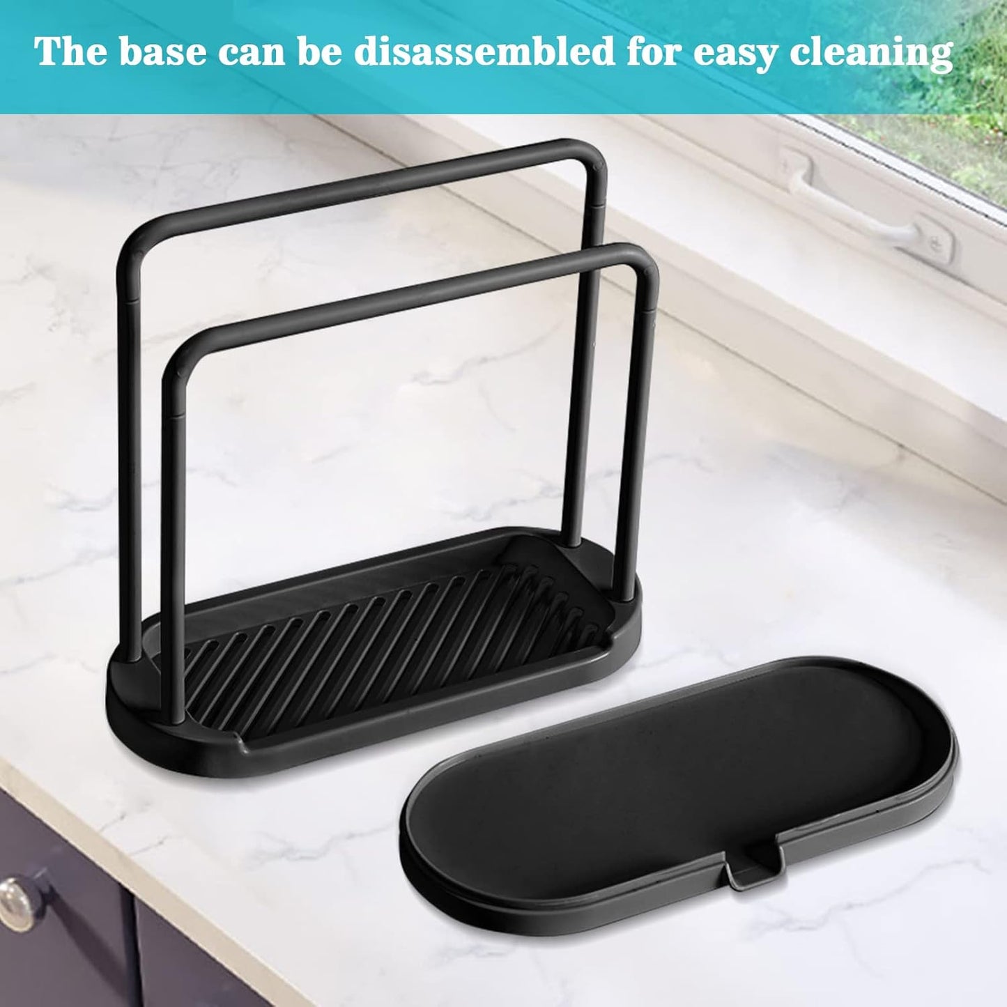 Kitchen Sink Rack Tray Organizer Stand for Sponge, Dish Cloth, Rag, Brush, Scrubber Storage and Organization (Black)