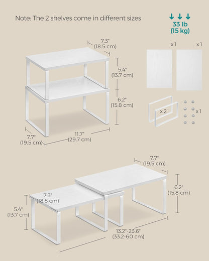 SONGMICS Cabinet Organizer Shelf, Set of 2 Kitchen Counter Shelves, Kitchen Storage, Spice Rack, Stackable, Expandable, Metal and Engineered Wood, Cloud White and Snow White UKCS02W01