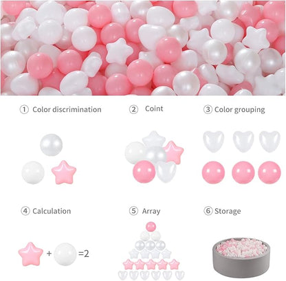 GOGOSO Pink Ball Pit Balls with Star Bals Heart Balls 100 - Crushproof Plasticballs for Babies Toddlers Kids Children for 1 2 3 4 5 Years Old,5 Colors,2.15inches