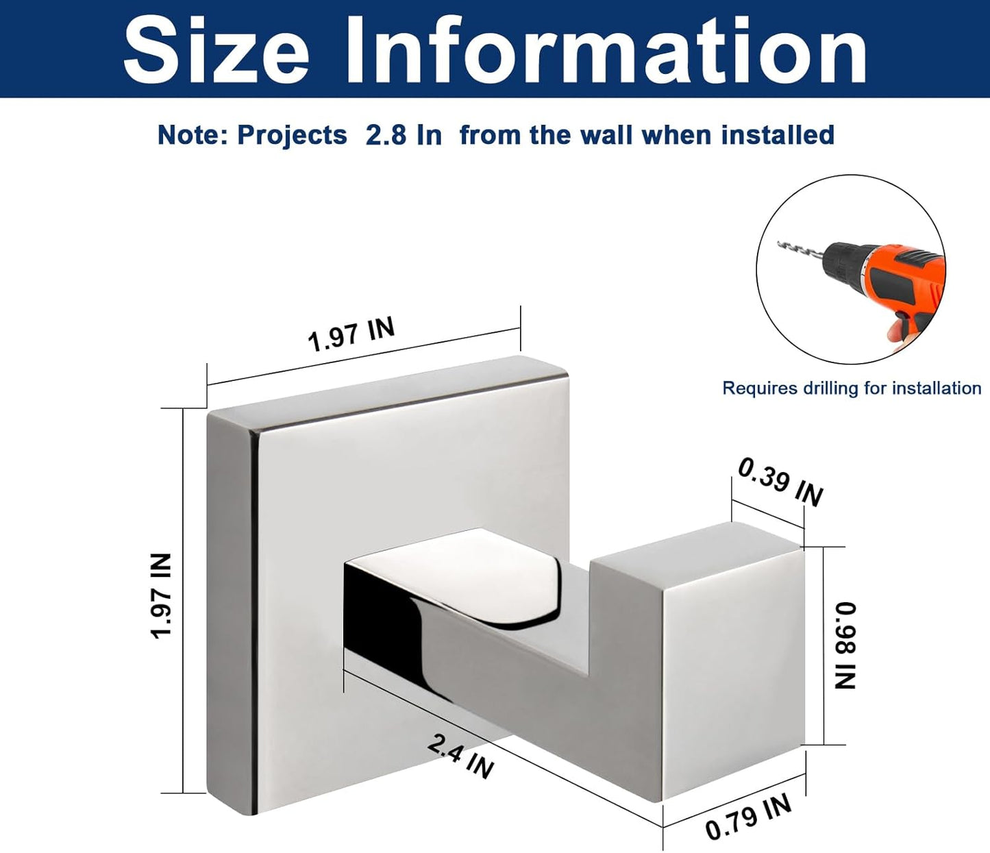 NearMoon Bath Towel Hooks -SUS304 Stainless Steel Square Clothes Robe Hooks Hanger, Heavy Duty Coat Hooks for Bathroom Livingroom Hotel Kitchen Garage, Wall Mounted - 3 Pack (Chrome Finish)