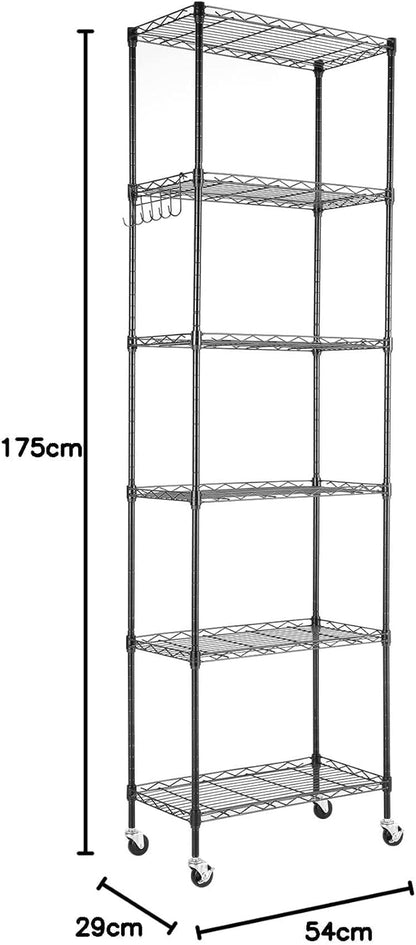Himimi 6-Tier Storage Shelf Units, Adjustable Wire Shelving with Wheels, Metal Shelves with Stainless Side Hooks, Free Standing Shelving for Laundry Bathroom Kitchen Pantry Closet, Black