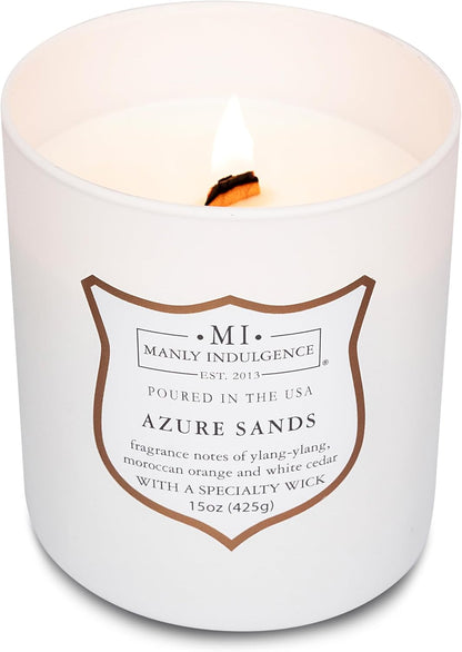 Manly Indulgence Azure Sands Scented Candles for Men, 15 oz Wooden Wick, Premium Soy Blend Wax, 60H Burn, Candles for Home Scented - Made in The USA