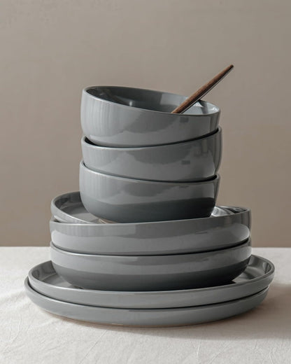 Famiware Milkyway Stoneware Dinnerware Sets with Pasta Bowls, Service for 4 (16 Pieces), Plates and Bowls Sets -Scratch Resistant, Microwave and Dishwasher Safe Dishes Set, Dark Gray