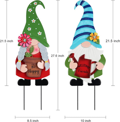 YEAHOME Garden Decor for Outside, Set of 2 Metal Gnomes 27.6” Decorative Garden Stakes with Flowers for Spring Decor, Yard Art Stakes for Outdoor Lawn Backyard Porch Garden Decorations
