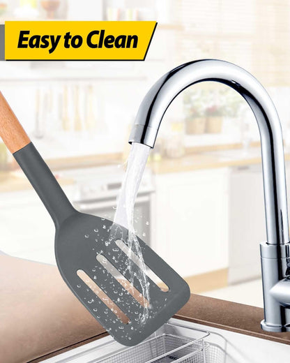 Pack of 2 Silicone Cooking Spatula, Heat Resistant Solid Turner, Non Stick Slotted Spatulas with Wooden Short Handle,Ideal Wood Kitchen Utensils Set for Frying, Baking, Flipping, Turning