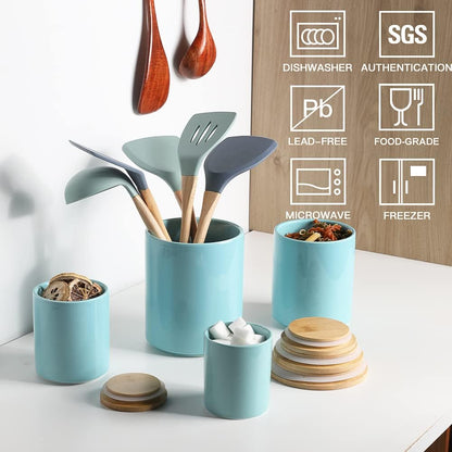 Sweejar Kitchen Canisters Ceramic Food Storage Jar Set, Stackable Containers with Airtight Seal Bamboo Lid for Serving Ground Coffee, Tea,Grains, Herbs,Sugar, Salt and More - Pack of 4（Turquoise）