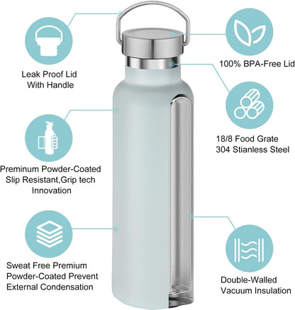 Neihepal 20 oz Insulated Water Bottles Bulk 2 Pack,Stainless Steel Double Wall Sport Bottle with Lid of Handle,Metal Reusable Thermoses Flask with Cup Cap for School,Cyclists,Gift (Fog,Set of 2)