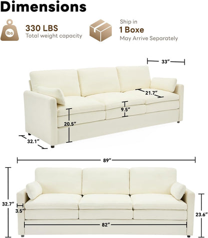 Tbfit Modern Couch Sofa, 89" Cloud Couch w/Pillows, Pocketed Spring Seat, Comfy 3-Seater Plush Foam Cushions, Chenille Fabric Removable Covers, Soft Upholstered Living Room Furniture Apartment, Beige