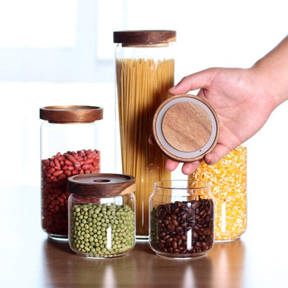 Glass Canisters Set of 5 for the kitchen, Glass Storage Container jars with Airtight Acacia Lid for Coffee Beans, Flour, Sugar, Rice and Spaghetti and etc
