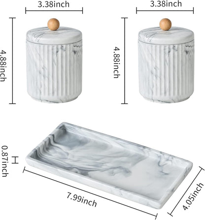 Marble Small Bathroom Jar Set ，Ceramic Cotton Swabs Holder with Lid and Dresser Organizer Set Tray for Storage and Organizing in Bathroom, Dresser, Kitchen, Office