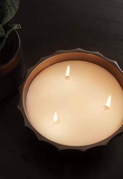 Kate and Laurel Plete Round Pleated Metal Candle Bowl, 8 Inch Diameter, Black Nickel, Modern Scalloped Three-Wick Unscented Candle with Decorative Bowl for Living Room Decor