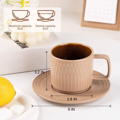 Large Cappuccino Cups with Saucers Set of 4, 8 Ounce Stackable Embossed Ceramic Coffee Mugs for Specialty Coffee Drinks, Latte, Cafe Mocha and Tea, Dishwasher & Microwave Safe (Brown)