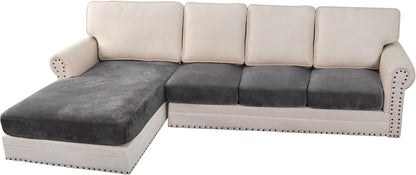 H.VERSAILTEX Velvet Stretch Sectional Sofa Covers - 4 Piece Seat Cushions for L Shape Sectional Couch (Large 3 Seater + 1 Chaise, Grey)