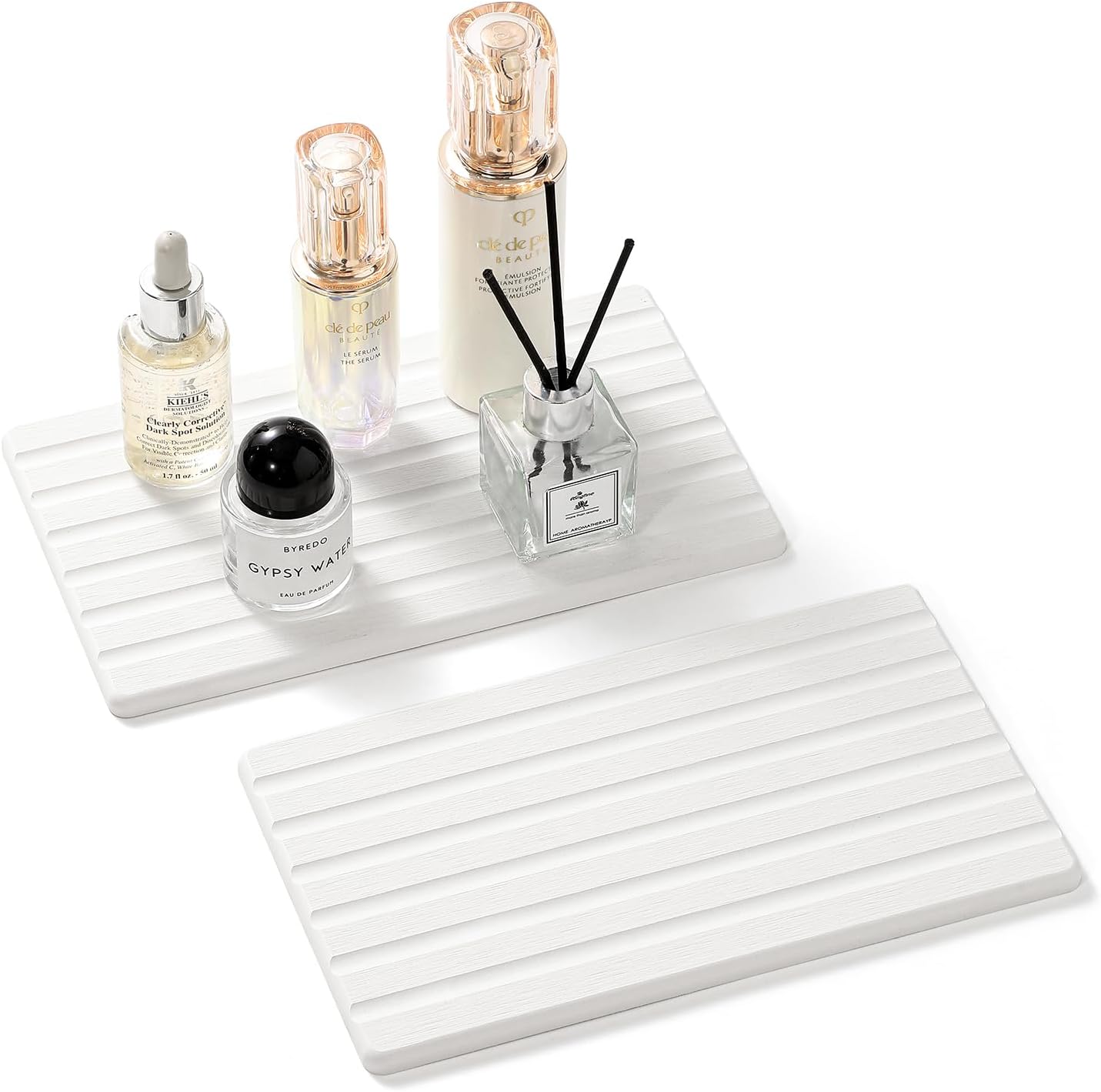 2PCS Water Absorbing Stone Drying Tray Mat for Bathroom Sink & Kitchen Counter Organizer, Quick Dry Dish Soap Dispenser Sponge Holder, Vanity Sink Caddy, Drink Bar Coaster, White - 10"*6"