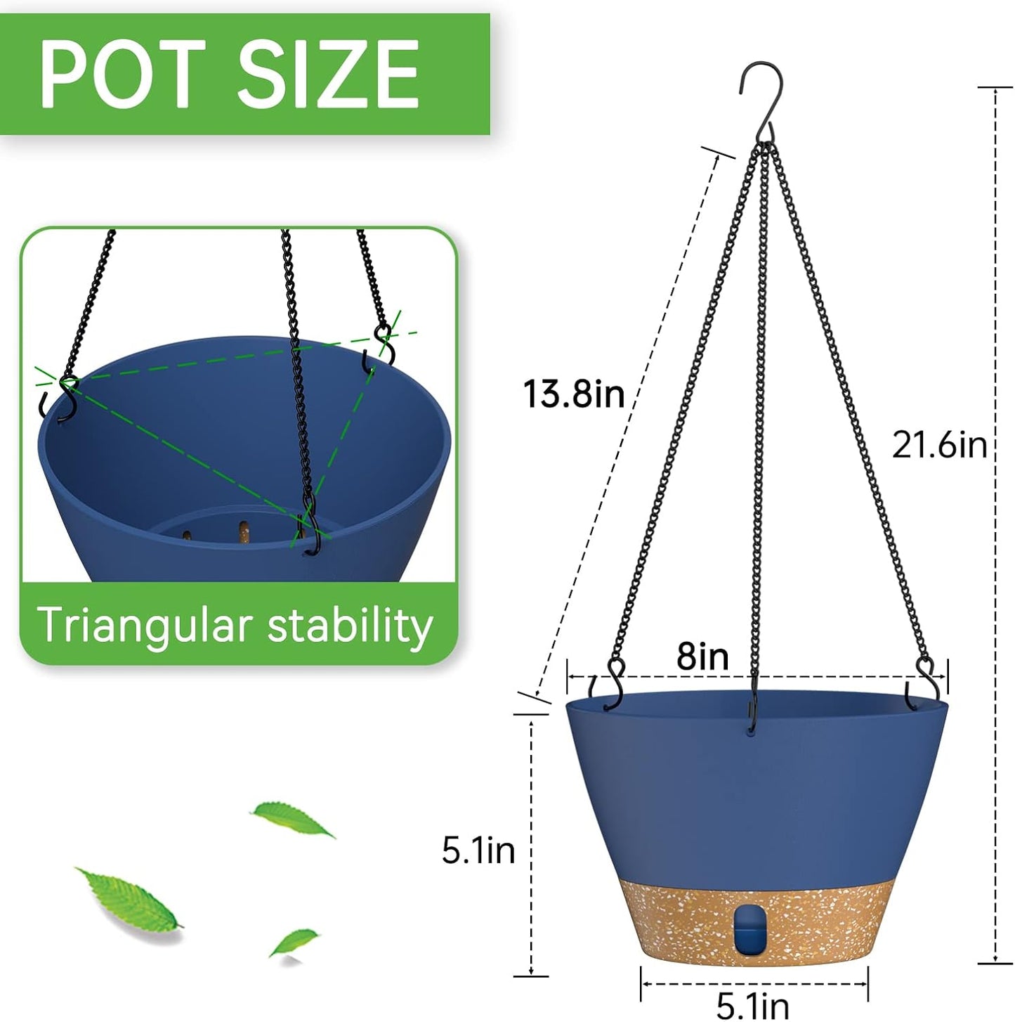 ZMTECH 8 Inch Hanging Planters for Indoor Plants, Hanging Baskets for Plants Outdoor with Visible Water Level, Hanging Flower Pots with Drainage Holes & Removable Tray(2 Pack, Blue)
