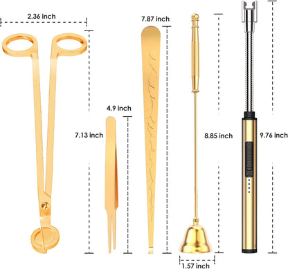 5 in 1 Candle Accessory Set,Candle Wick Trimmer Cutter,Candle Wick Dipper,Candle Wick Snuffer,Rechargeable Candle Lighter,Tweezers,Stainless Steel Candle Care Kit Home Gift for Aromatherapy(Gold)