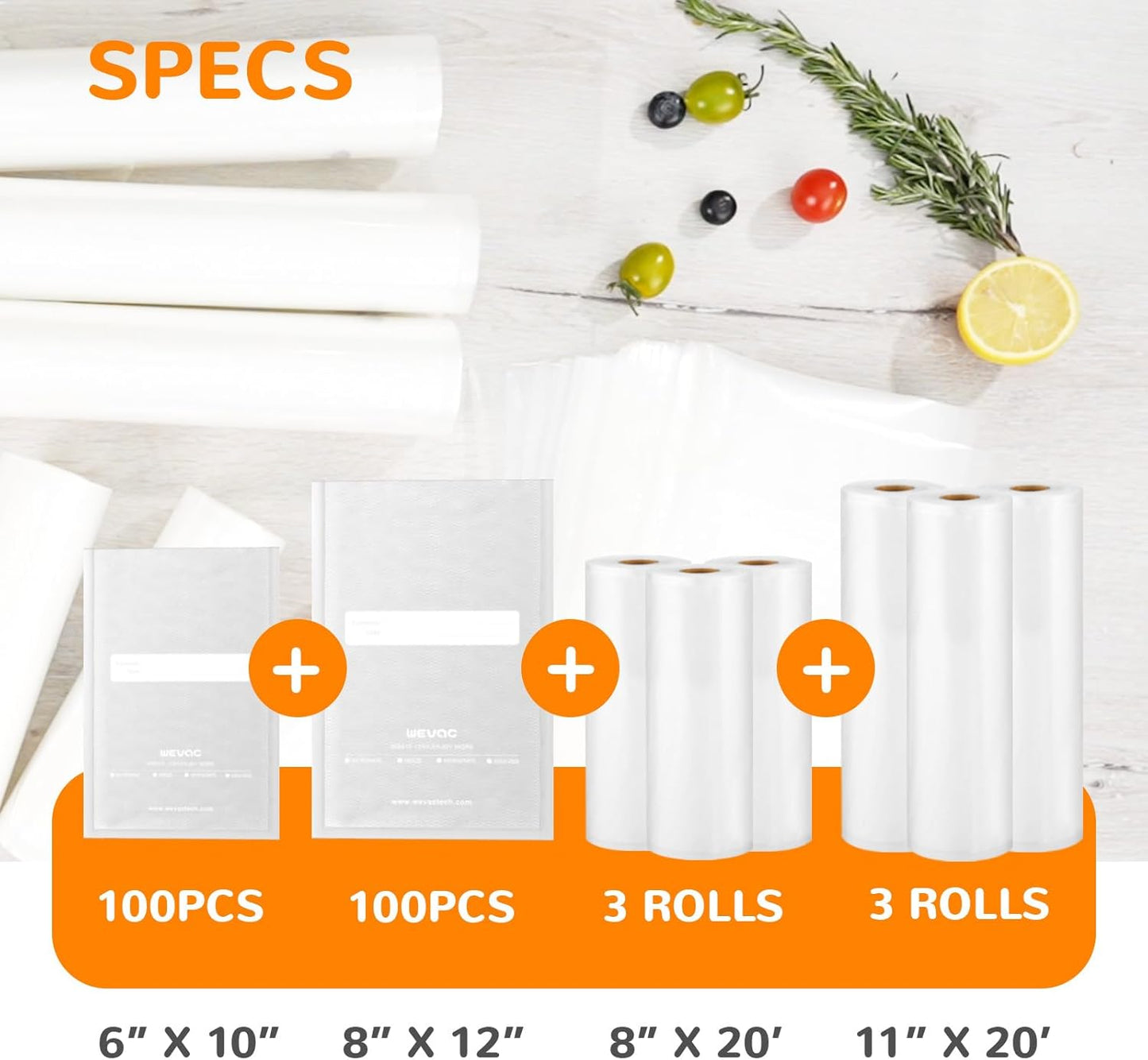 Multi-Size Sealing Solution Vacuum Sealer Bags & Rolls – 100x 6''x10'', 100x 8''x12'', 3 Rolls 11''x20', 3 Rolls 8''x20' – Premium Commercial-Grade for Food Storage, Meal Prep, & Sous Vide, Wevac