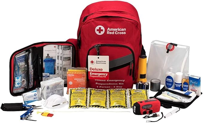 American Red Cross Officially Licensed Product | 3-Day Emergency Preparedness Deluxe Backpack | 72 Hour Survival Supplies for 1 Person | Water, Phone Charger, Blanket, Food