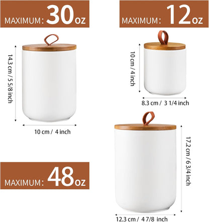 Ceramic Canister Set for Kitchen, 3pcs White Ceramic Kitchen Canisters for Countertop with Airtight Wood Lids, Large Flour and Sugar Containers for Coffee, Tea, Spice